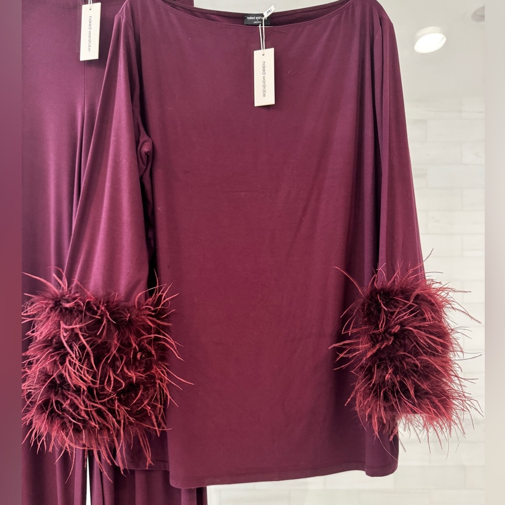Feather Trim Maroon Long Sleeve Top & Matching Pants  NWT